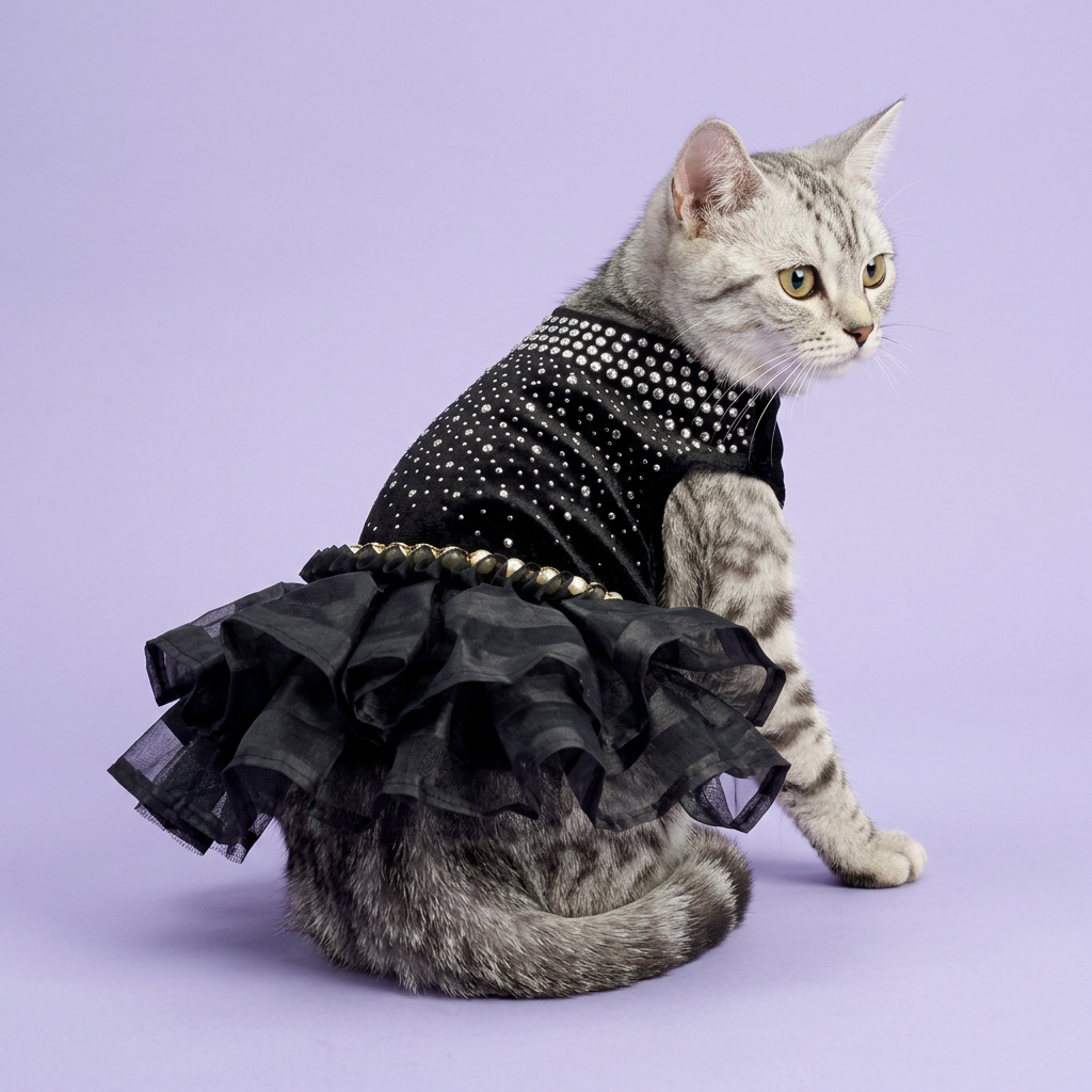 Silver tabby in the black rhinestone dress