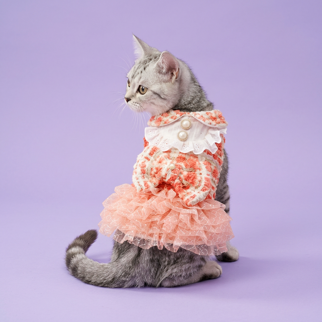 Silver tabby in the coral tweed dress
