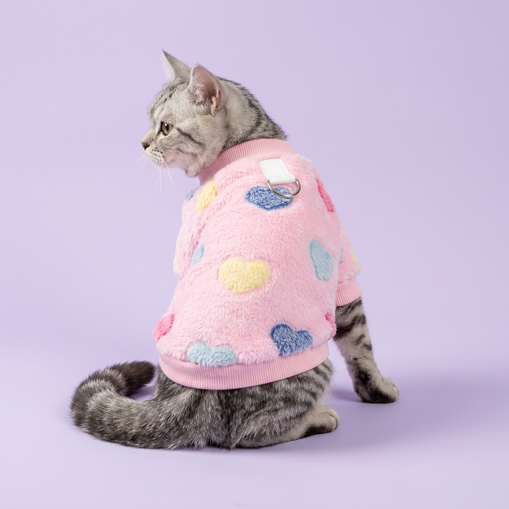 Silver tabby in the fluffy pink heart sweater