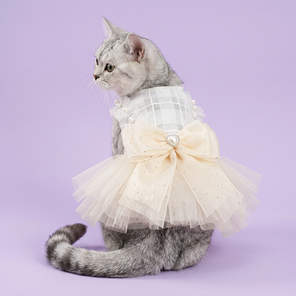 Silver tabby in the ivory pearl-bow dress