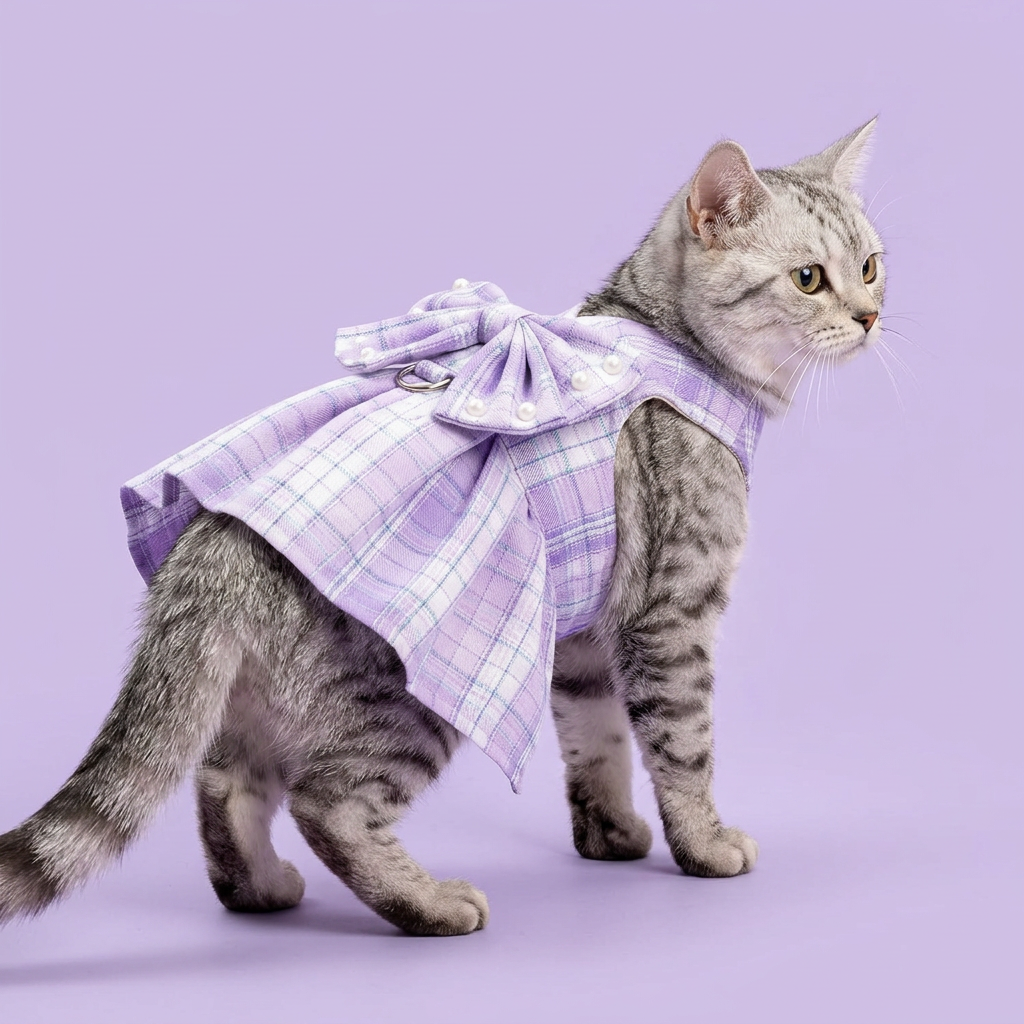 Silver tabby in the lavender plaid dress