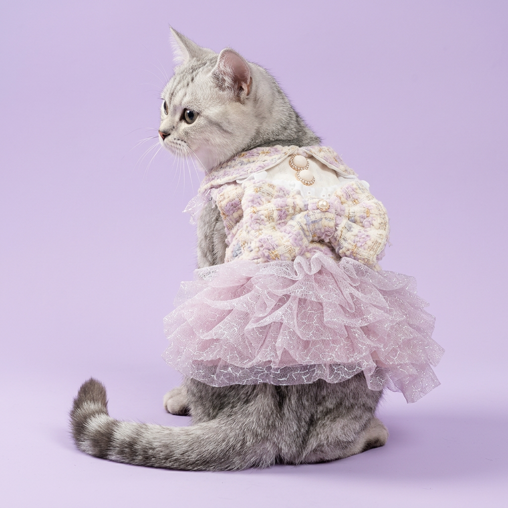 Silver tabby in the lilac tweed dress