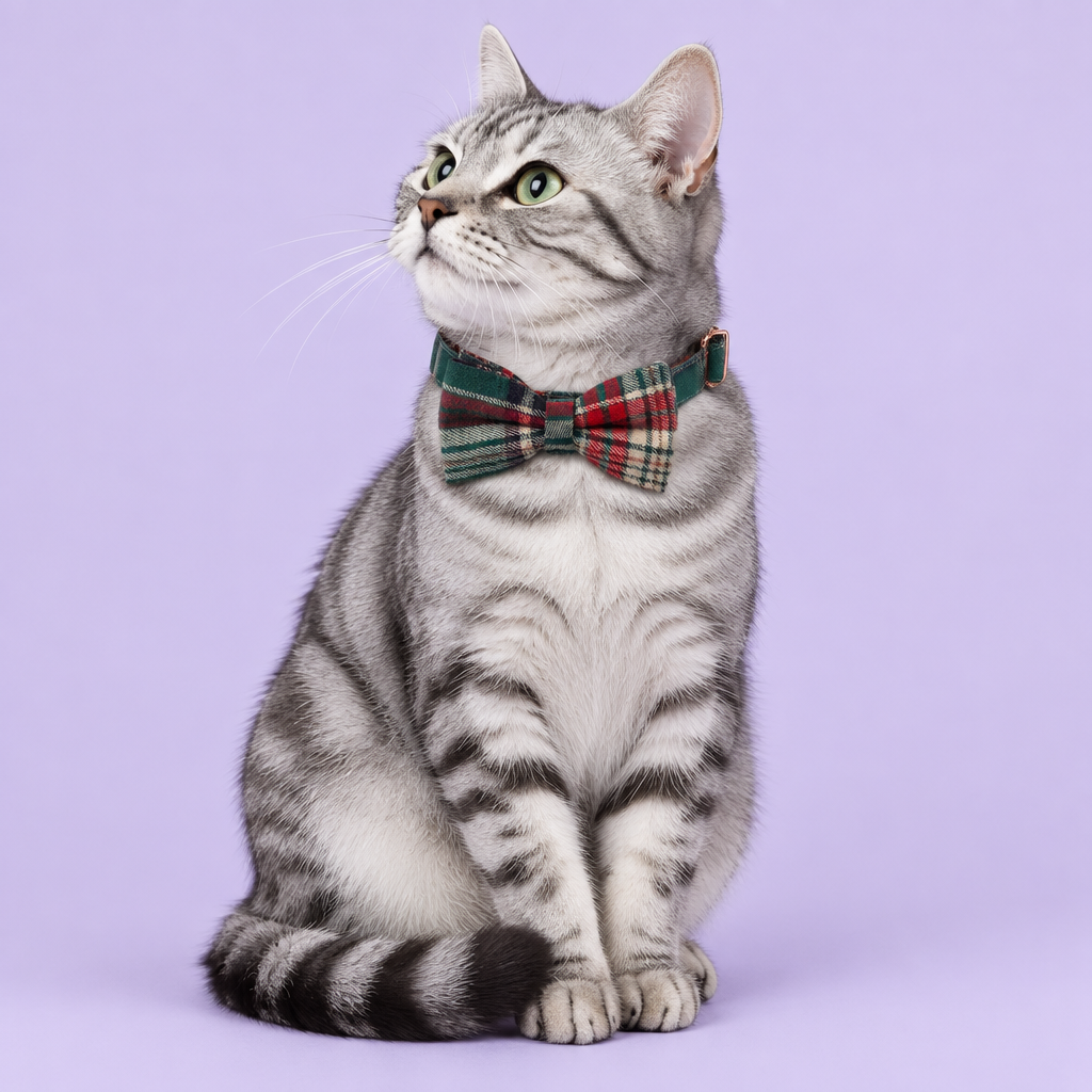 Silver tabby in the plaid bow collar