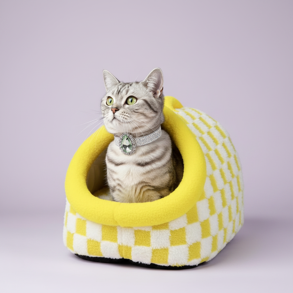 Green-eyed silver tabby cat sitting upright inside a yellow and white checkerboard plush pet igloo cave bed wearing a rhinestone crystal pendant collar on a soft lavender background