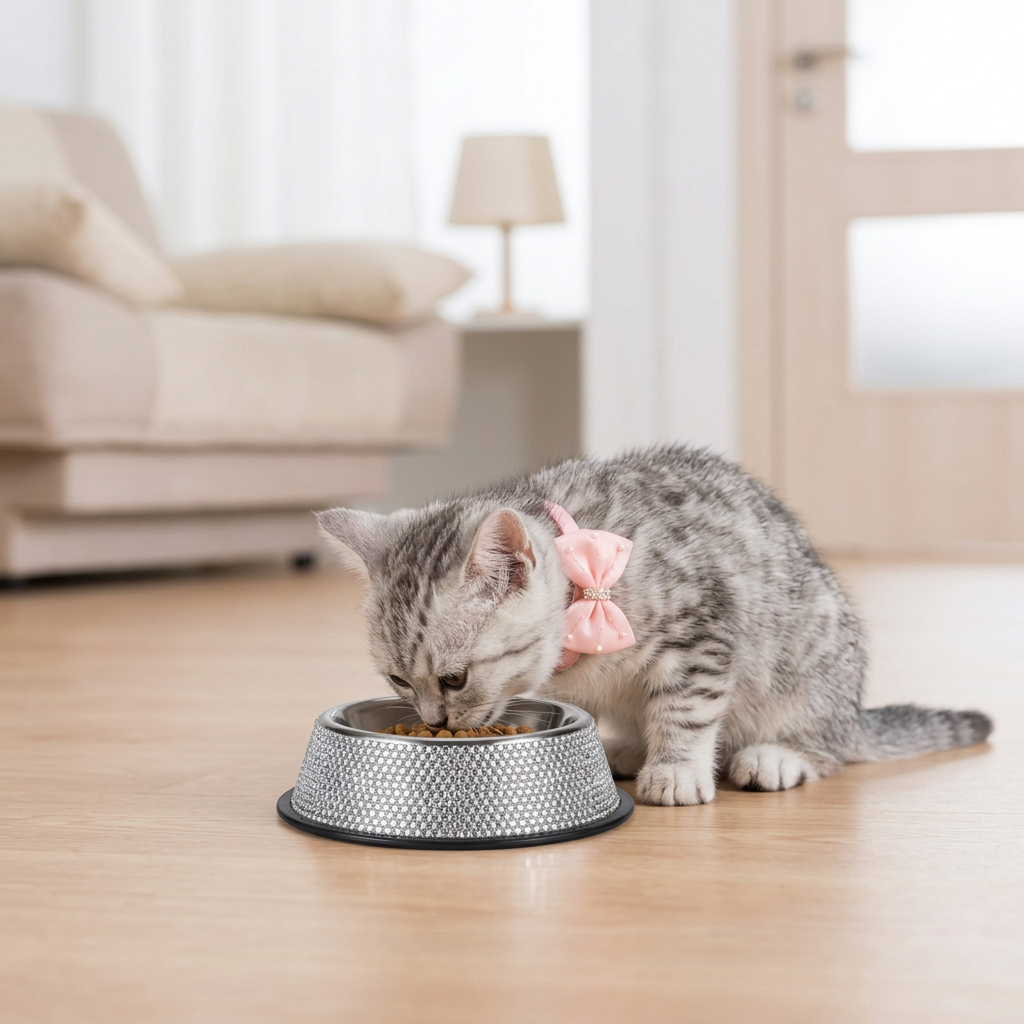 Silver tabby kitten eating from the silver rhinestone bowl, wearing the pink bow collar