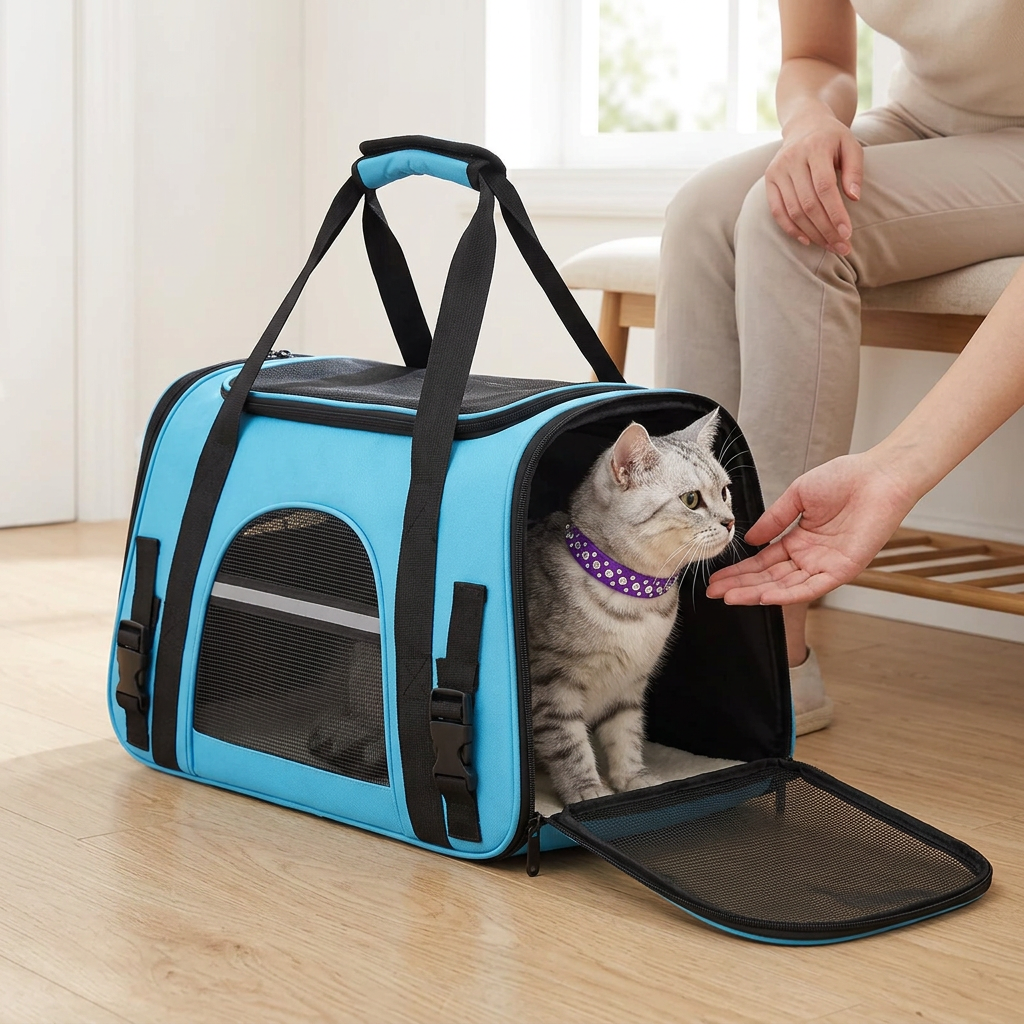 Silver tabby lifestyle mockup inside the blue carrier