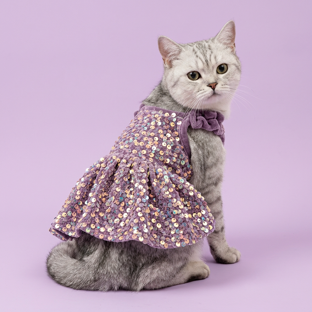 Silver tabby looking back to show the gathered skirt