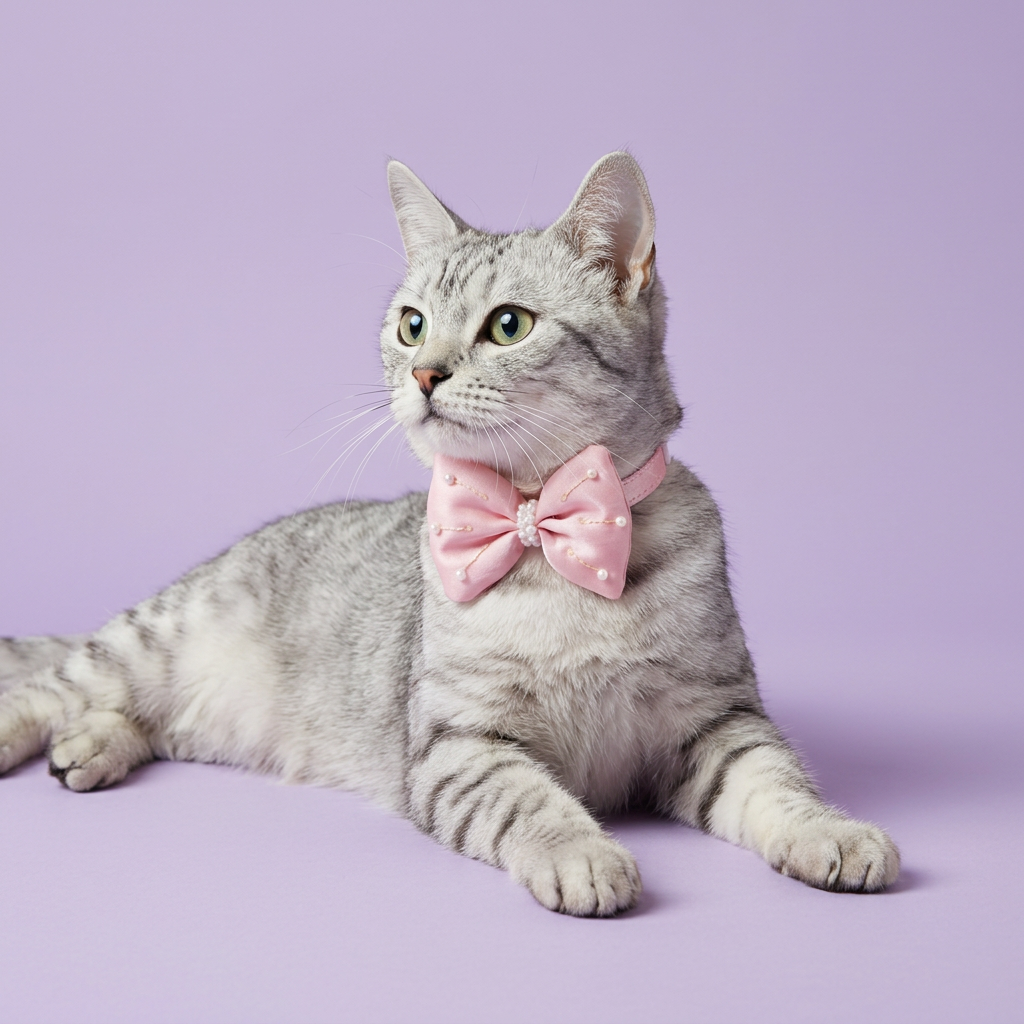Silver tabby lounging in pink bow collar