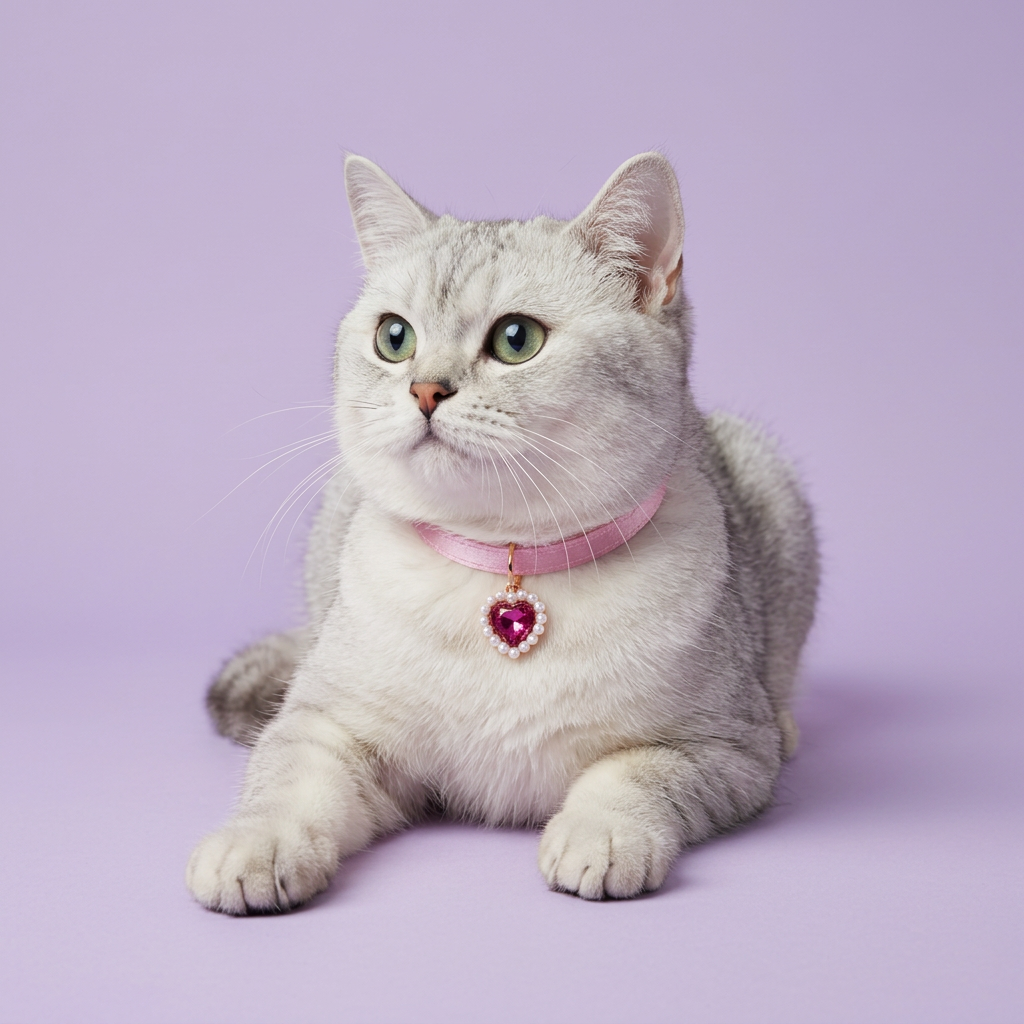 Silver tabby lounging in pink heart-pendant collar