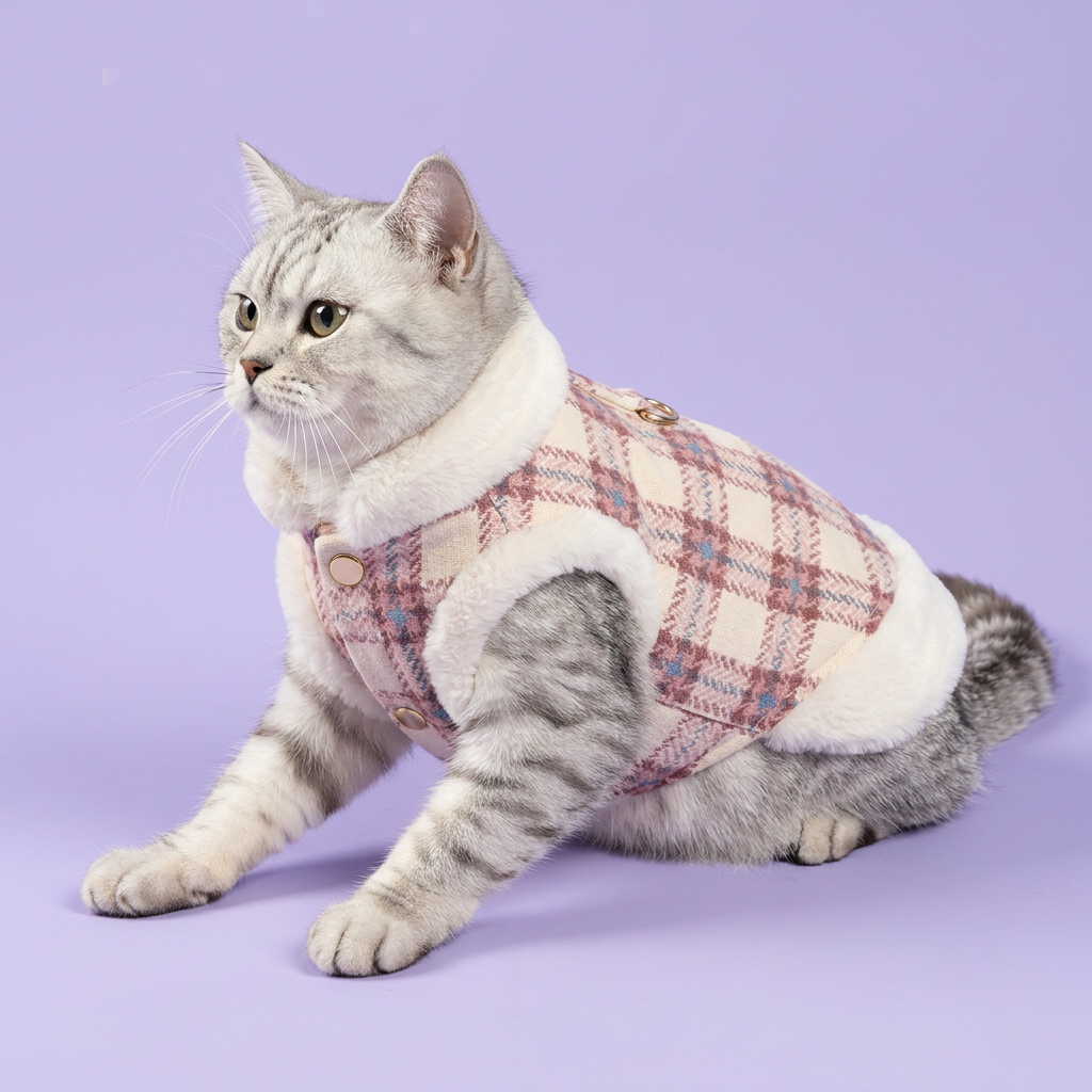 Silver tabby lounging in the pink plaid vest
