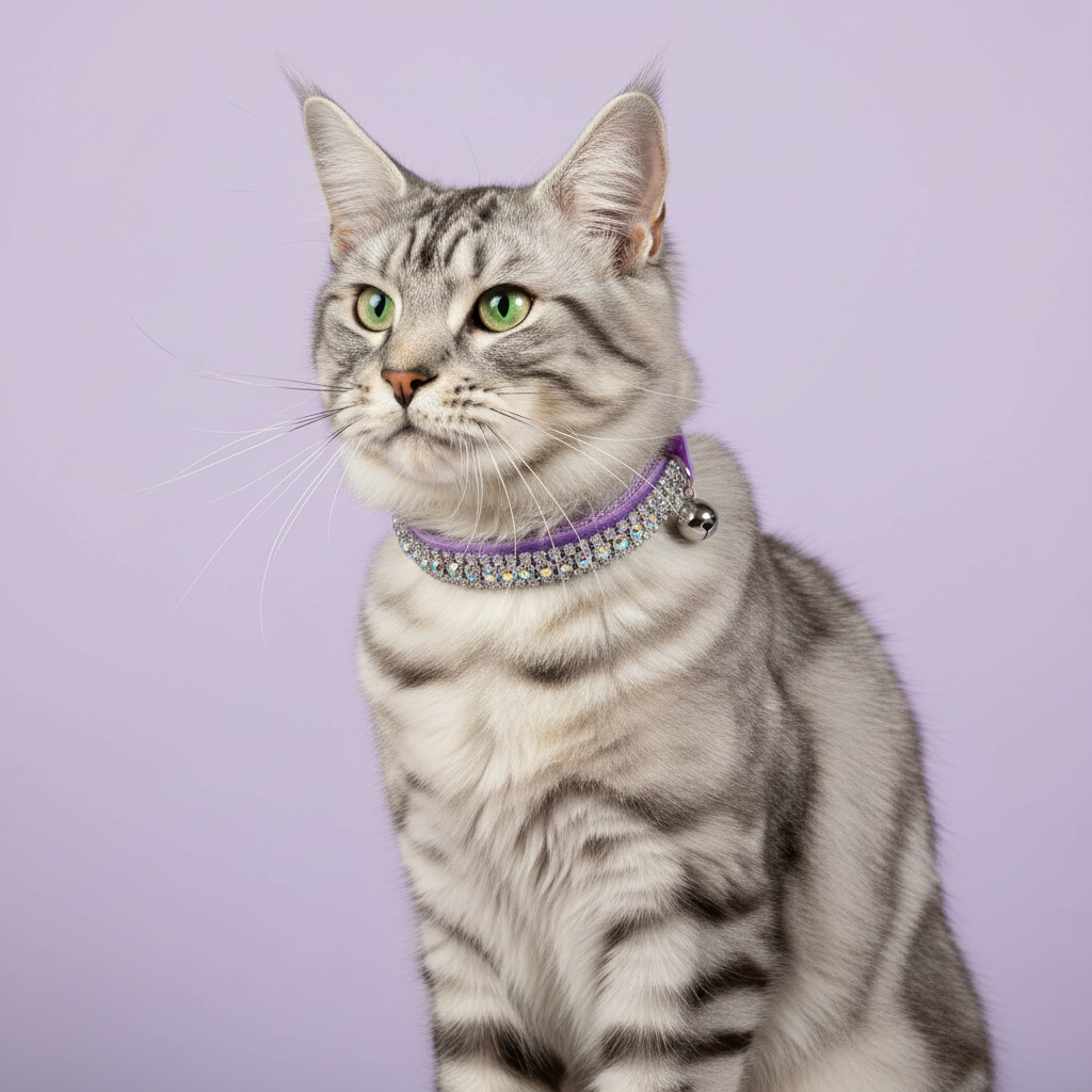 Silver tabby Maine Coon in the purple velvet collar with AB trim
