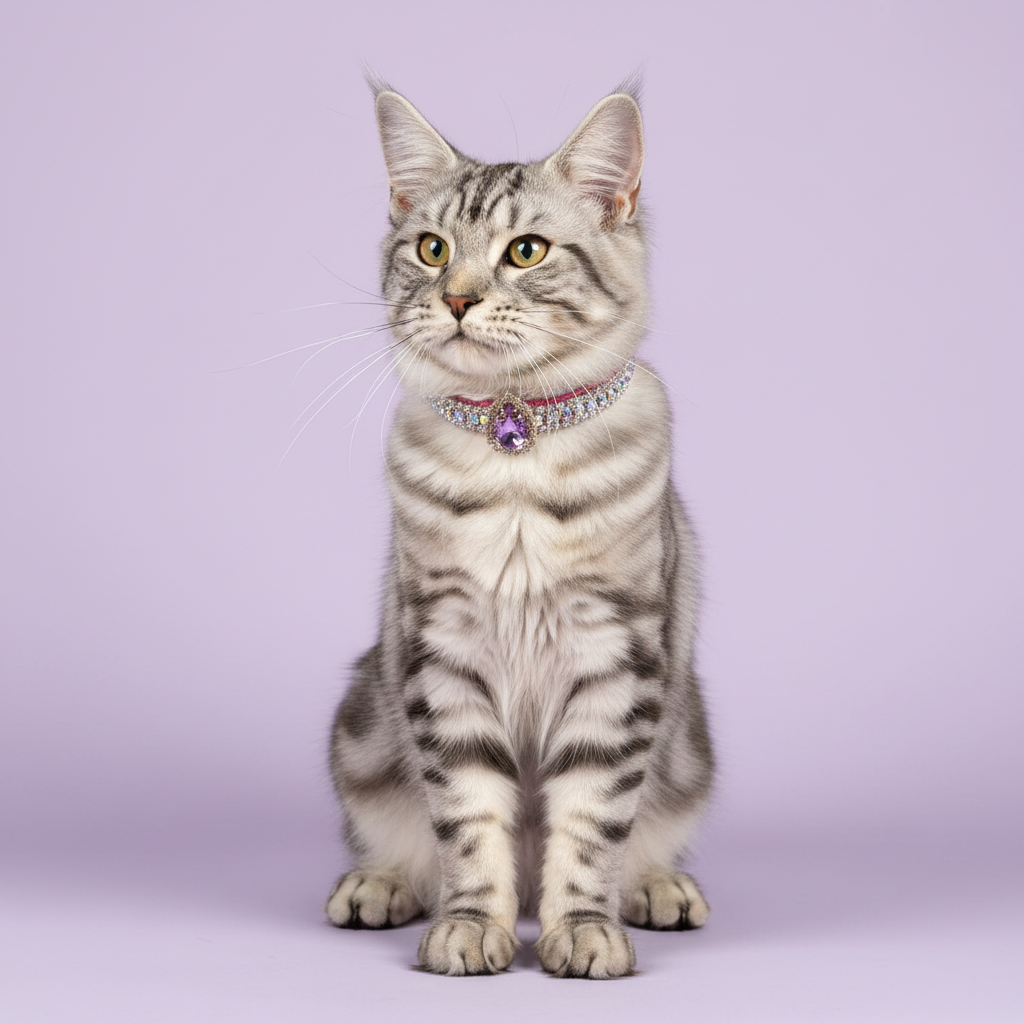 Silver tabby Maine Coon sitting upright and looking to the side, wearing a magenta beaded collar with a sparkling gem pendant, on a lavender background