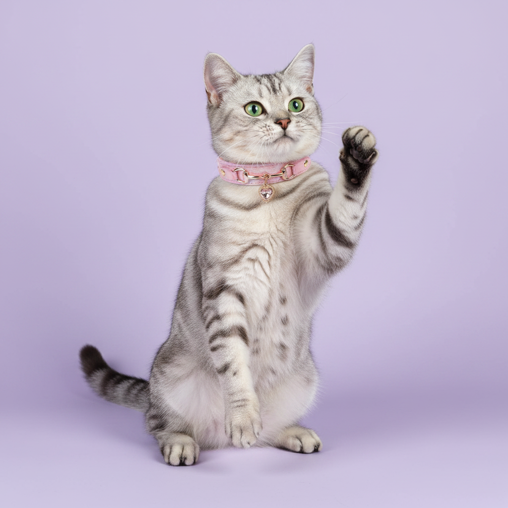 Silver tabby cat with green eyes seated upright with one paw raised, wearing a pink leather pet collar with rose gold snaffle-bit hardware and a clear crystal heart charm pendant, on a soft lavender background