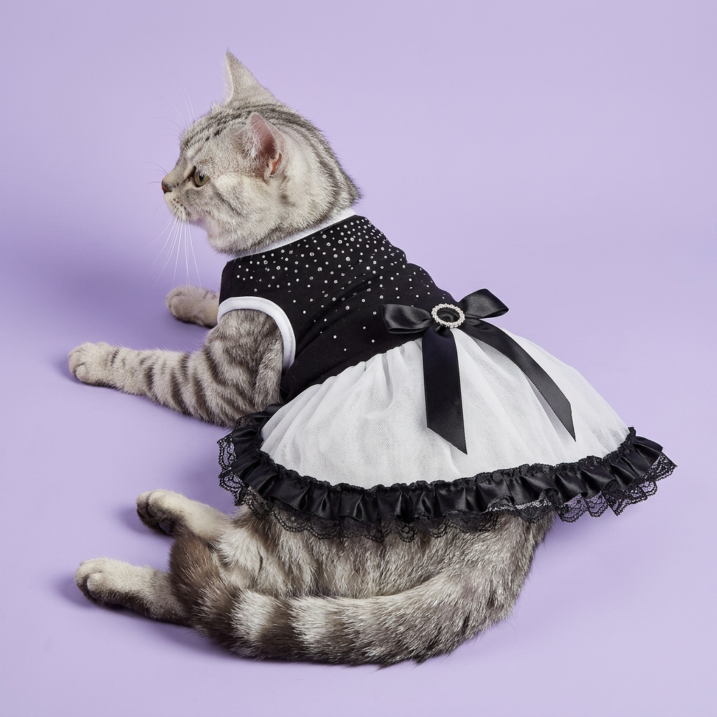 Silver tabby reclining in the black-and-white dress