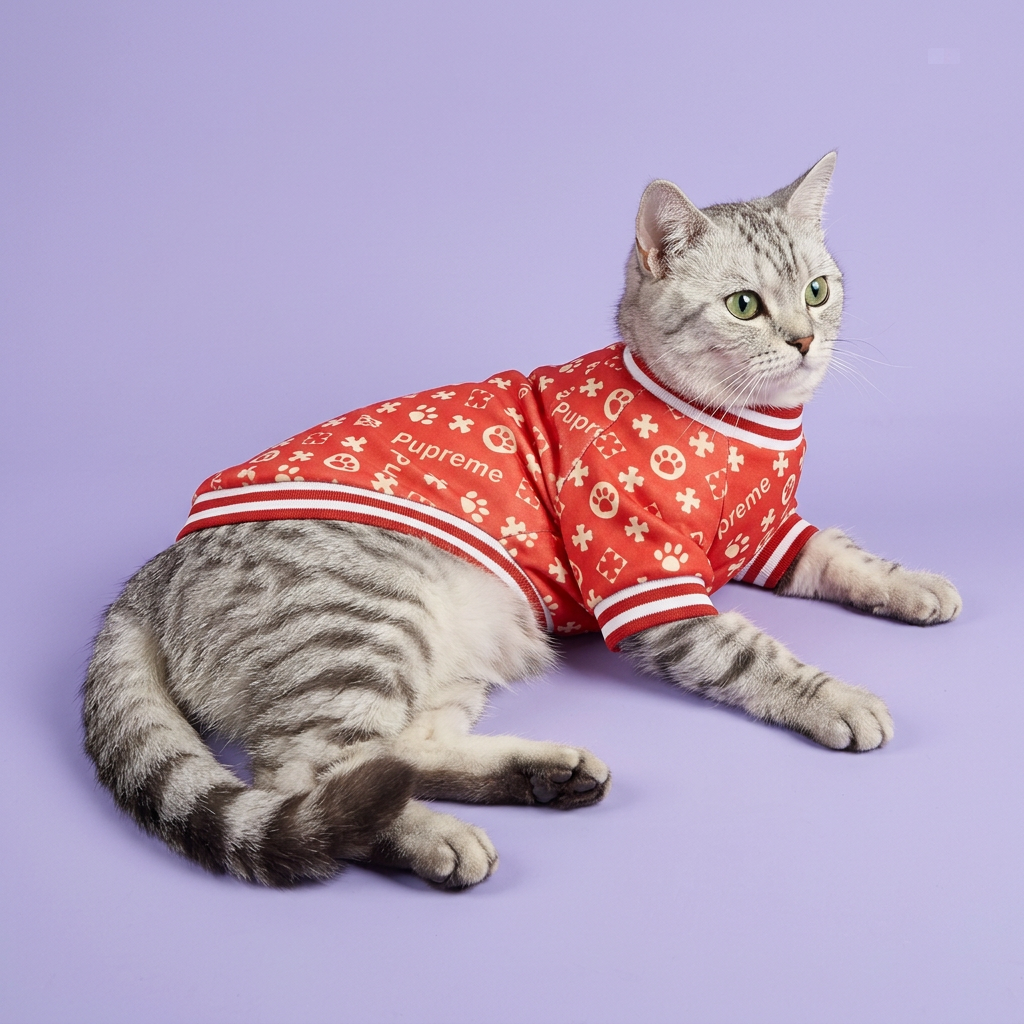 Silver tabby reclining in the red top