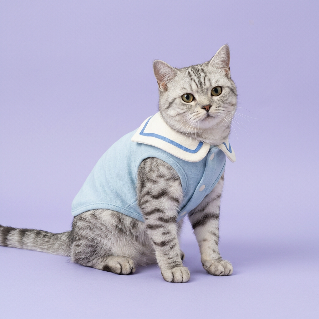 Silver tabby seated in the light-blue sailor shirt