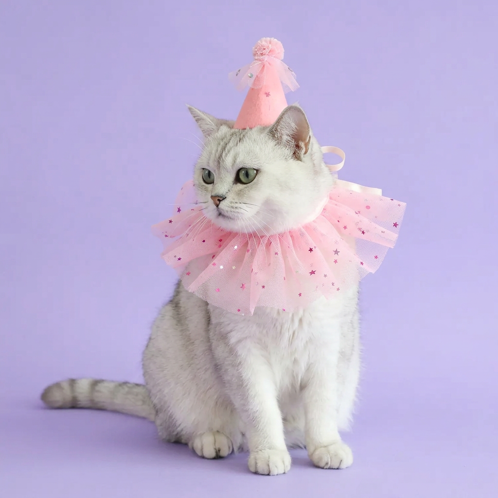 Silver tabby seated in the pink star party set