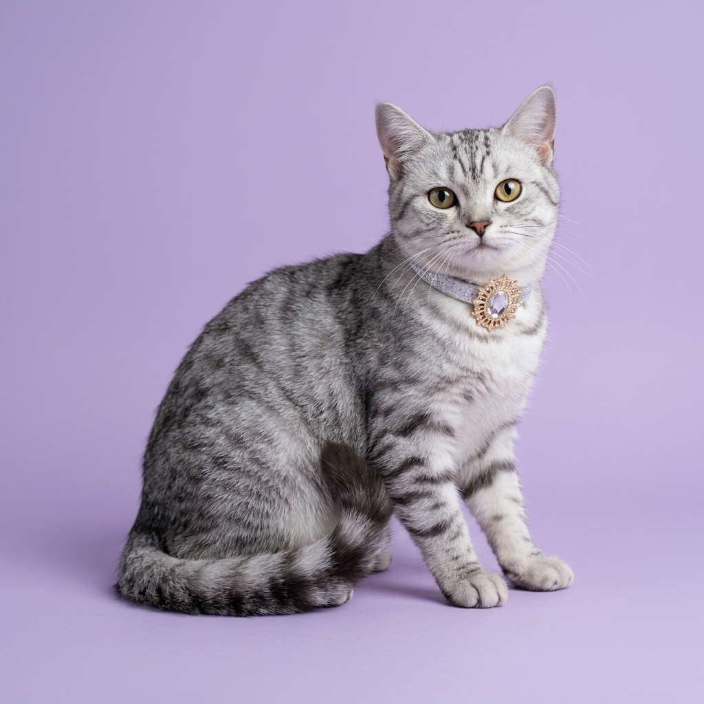 Silver tabby seated side-on and looking toward the camera