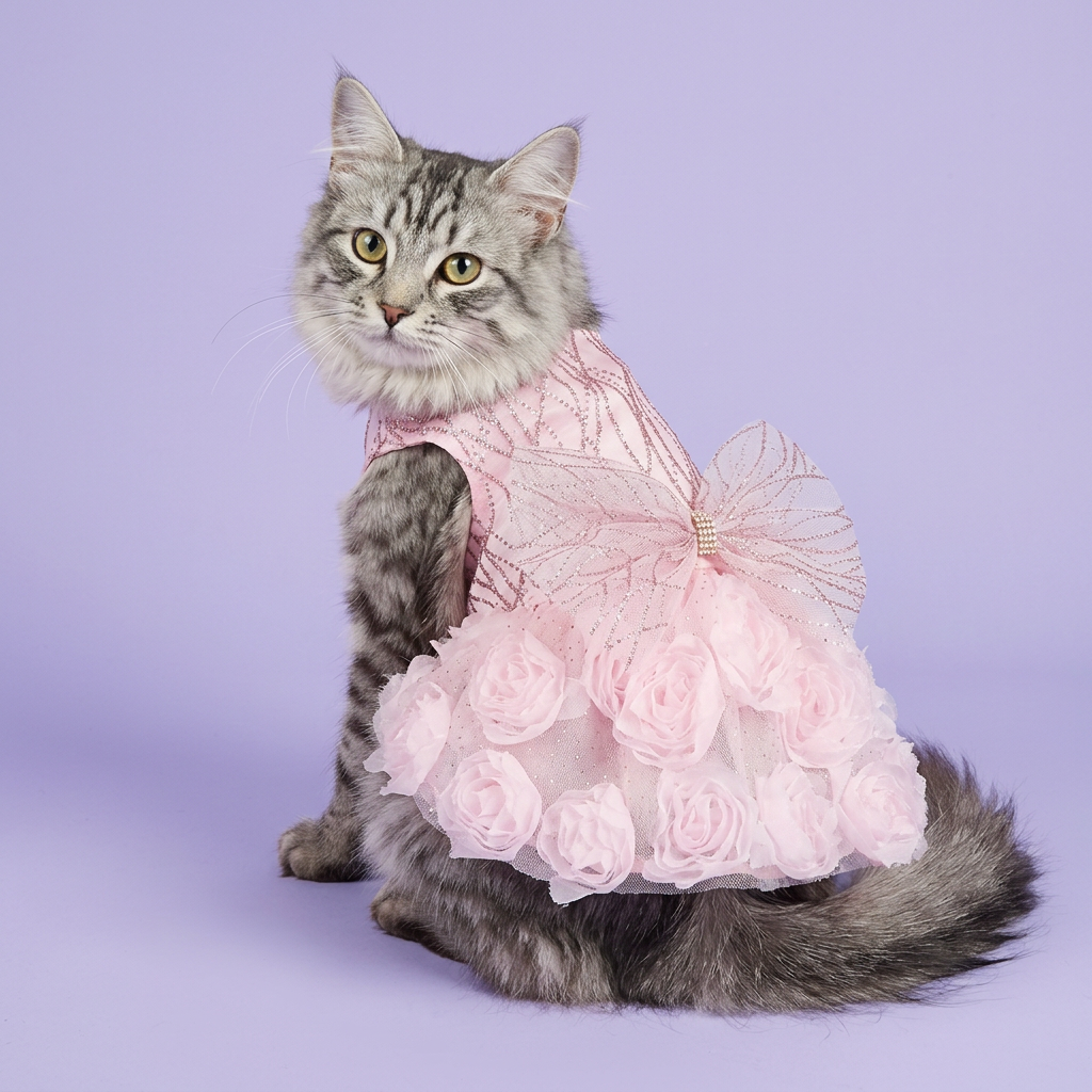 Silver tabby showing the back bow of the pink rosette dress