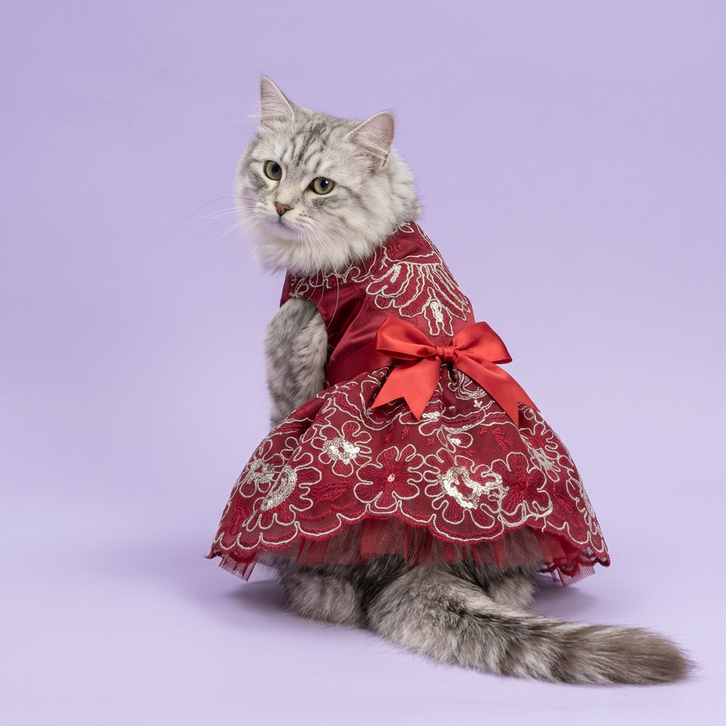 Silver tabby showing the back bow of the red embroidered dress