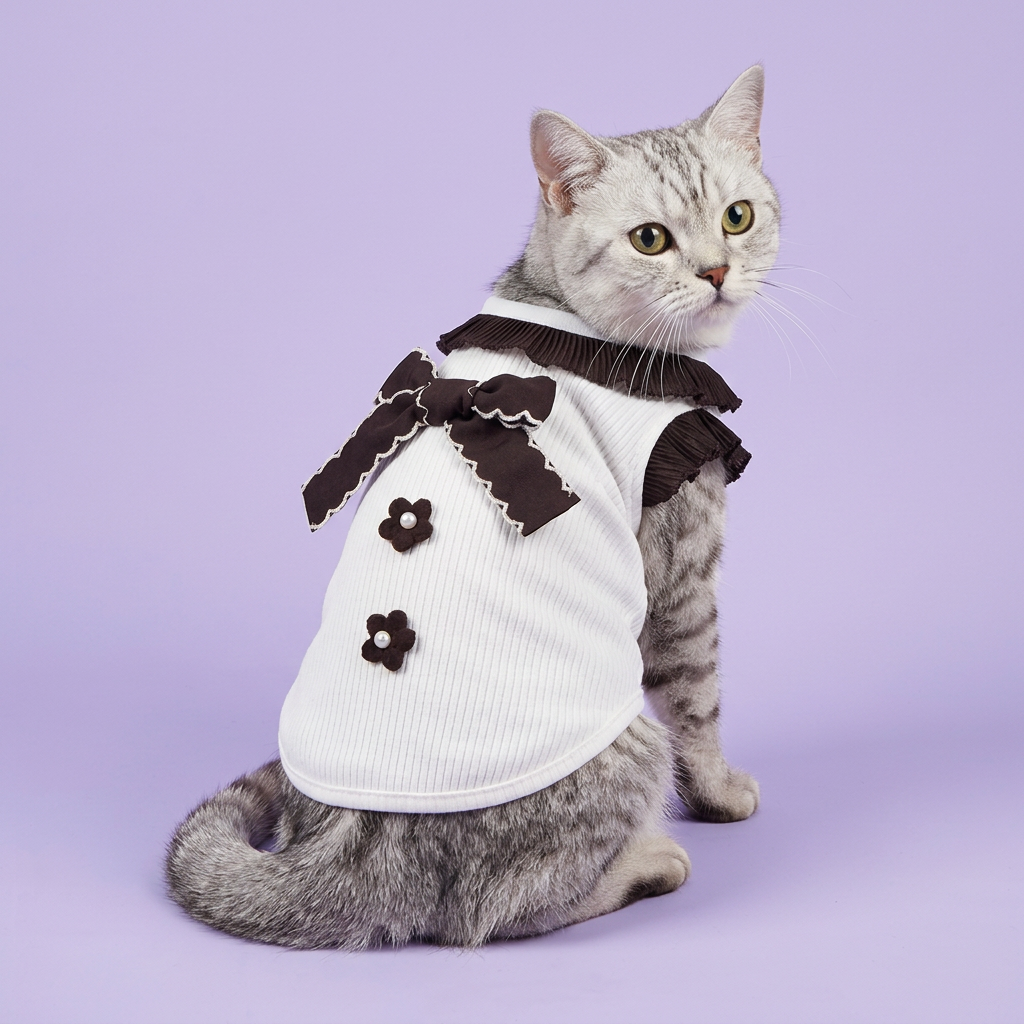 Silver tabby showing the back details of the white top