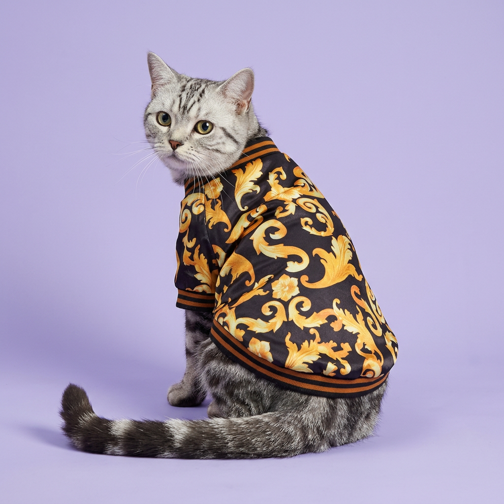 Silver tabby showing the back of the baroque top