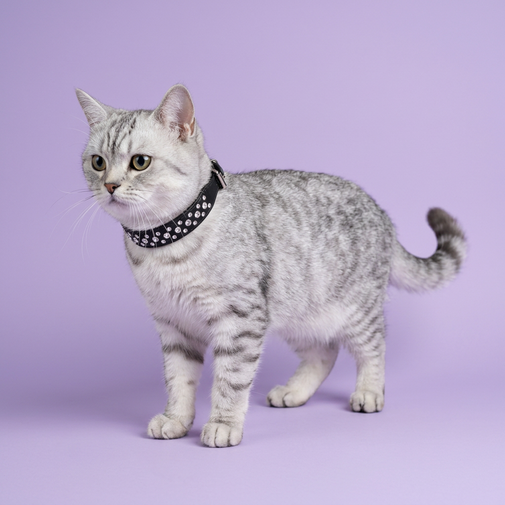 Silver tabby standing diagonally