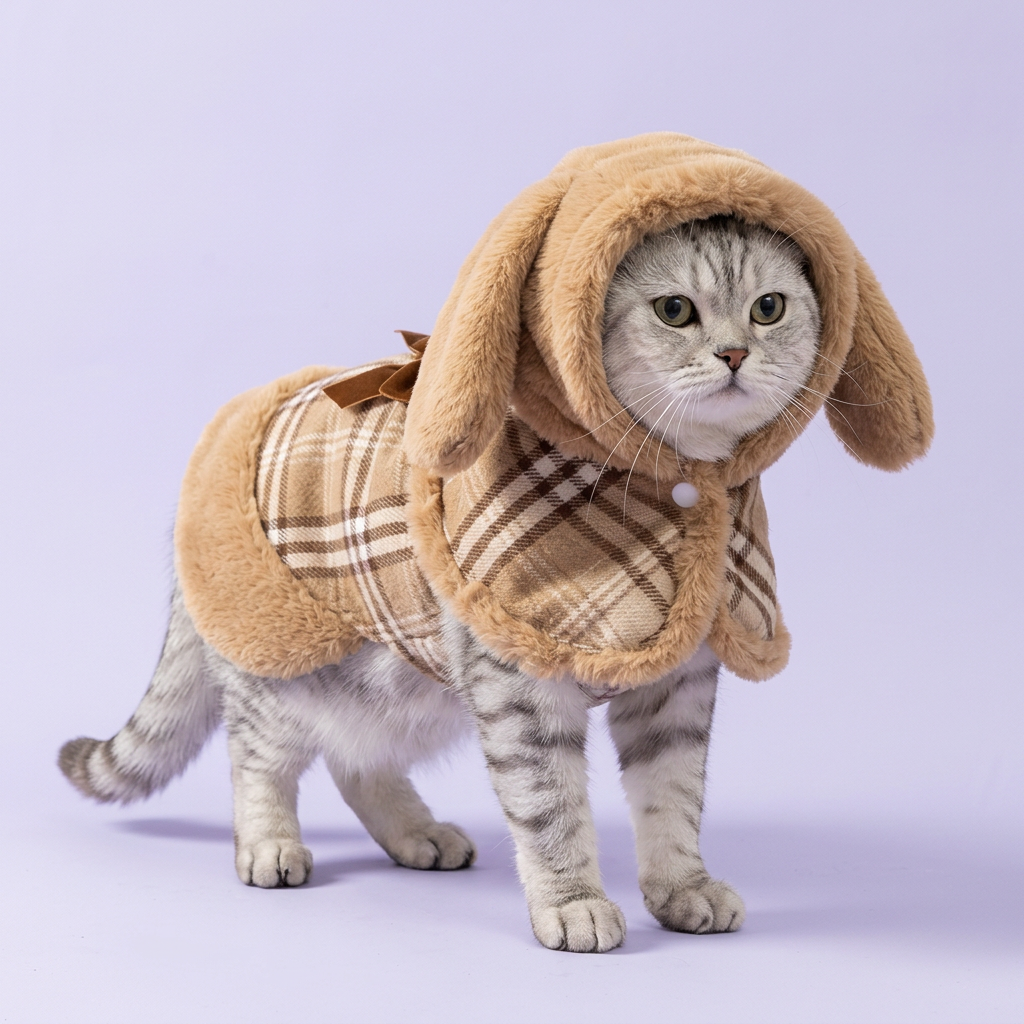 Silver tabby standing in the tan plaid outfit