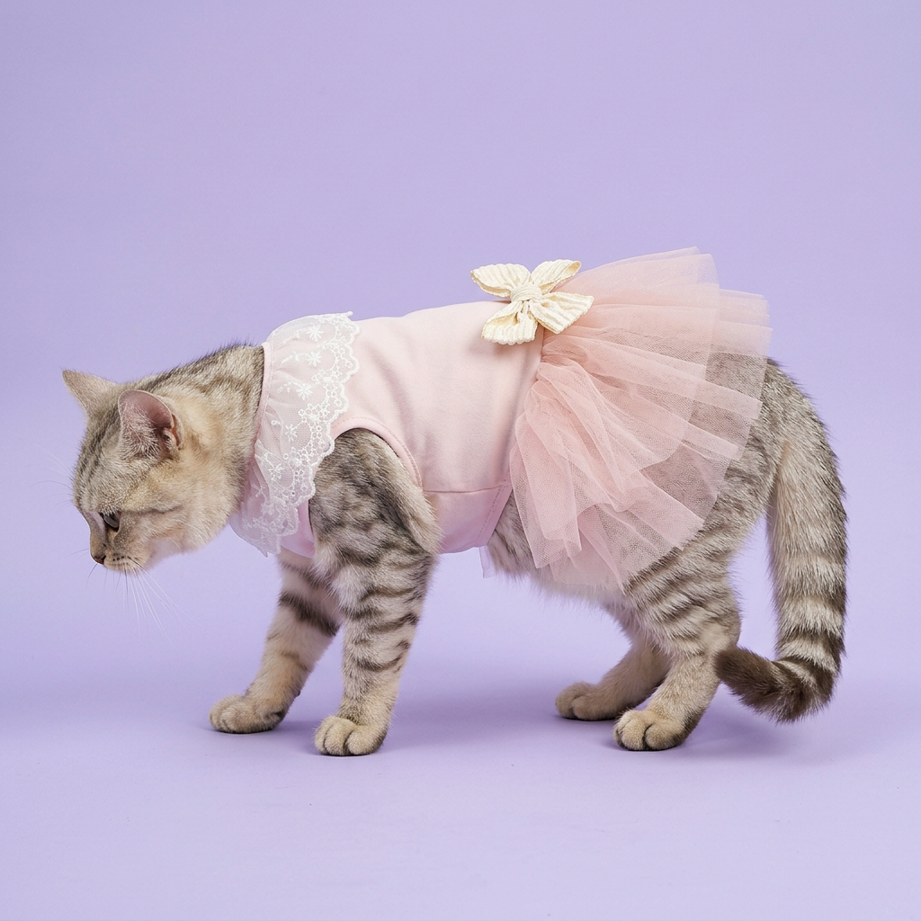 Silver tabby standing side-on in the blush dress
