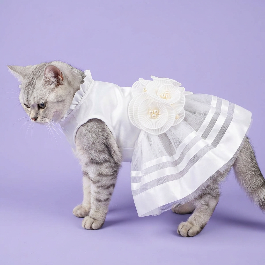 Silver tabby standing side-on in the white dress