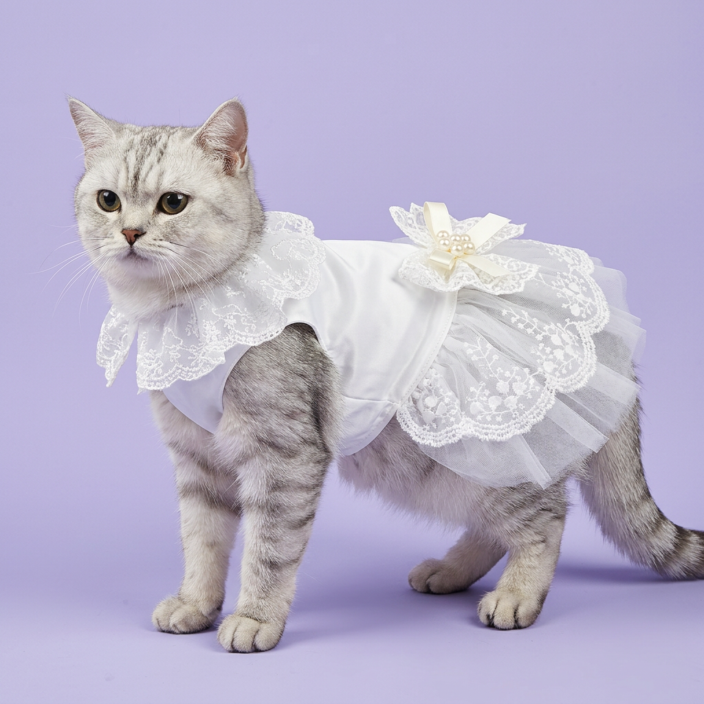 Silver tabby standing side-on in the white lace dress