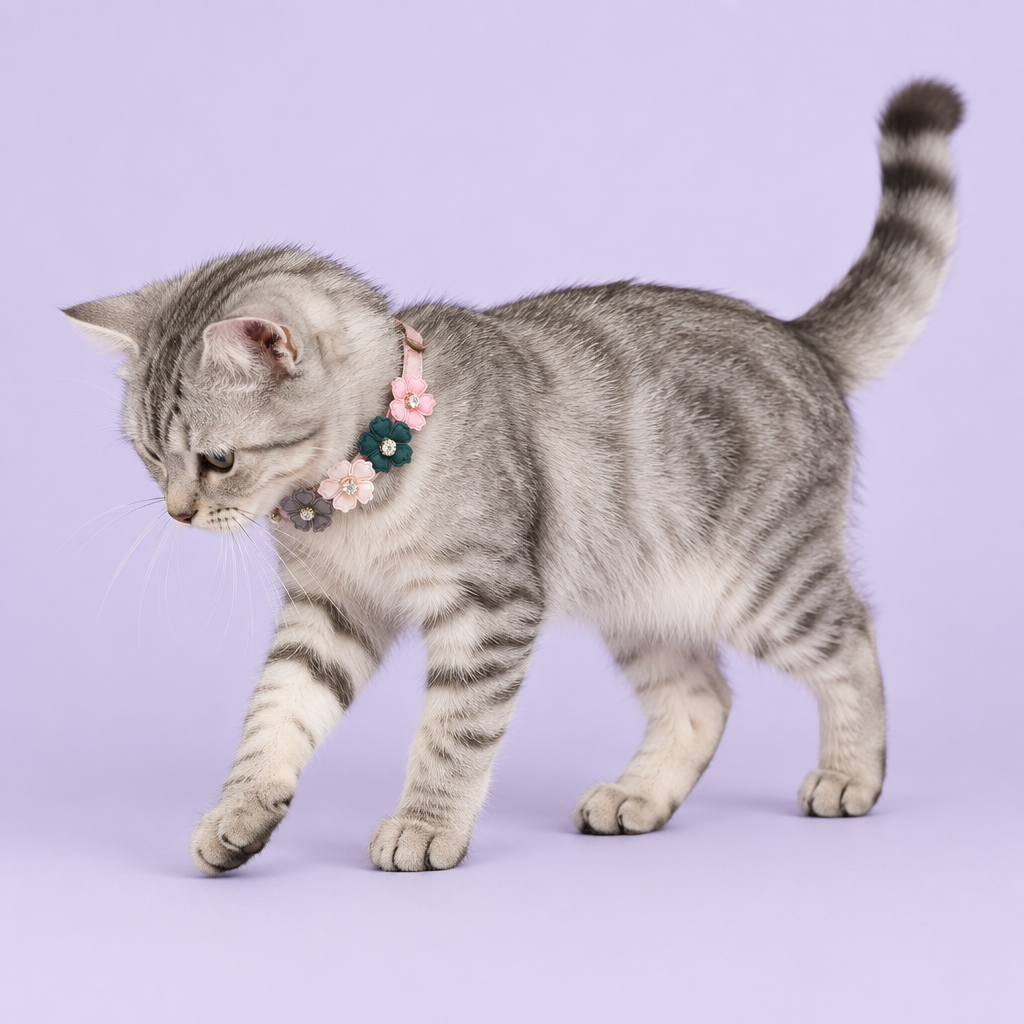 Silver tabby walking and looking down