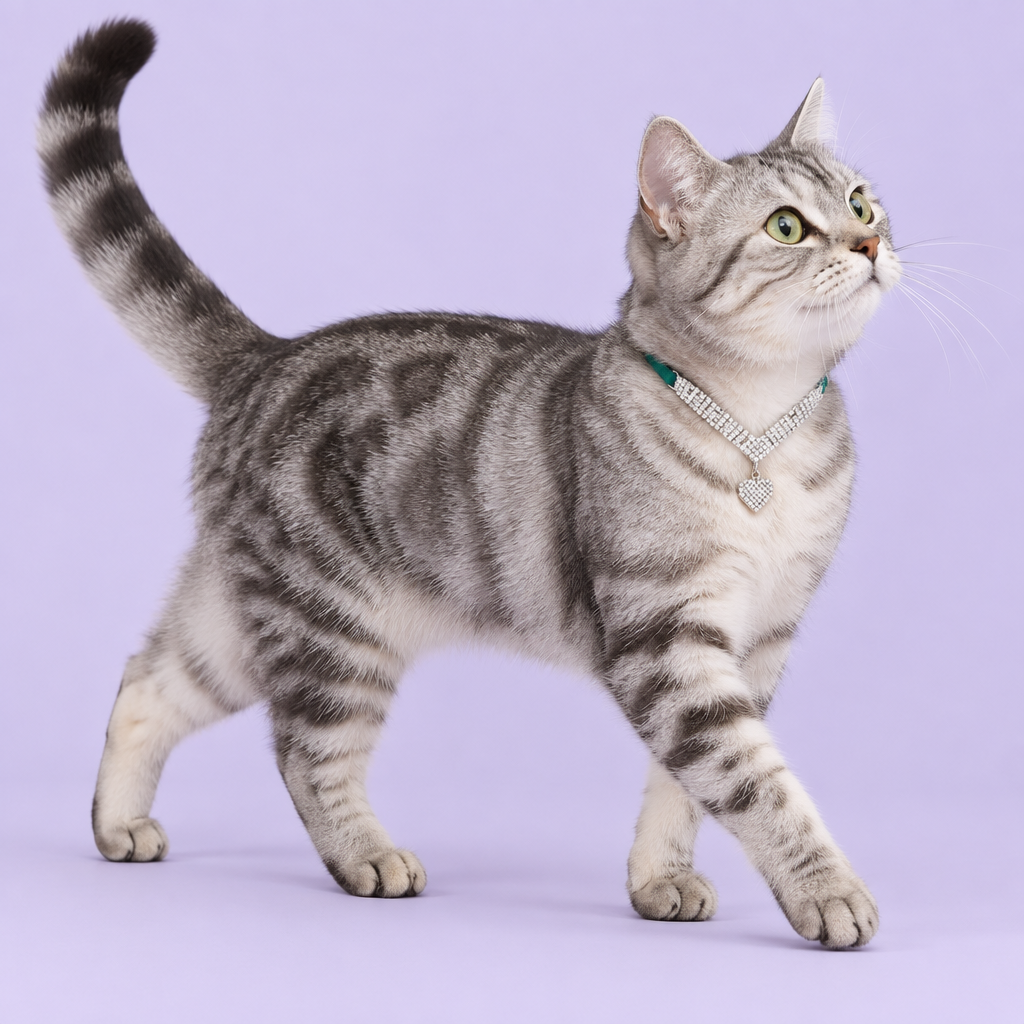 Silver tabby walking with an upward off-camera gaze