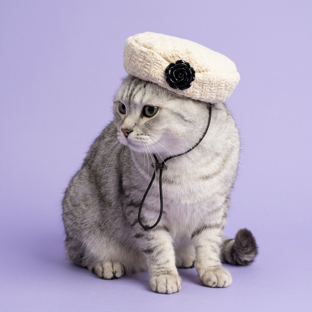 Silver tabby wearing a smaller ivory beret
