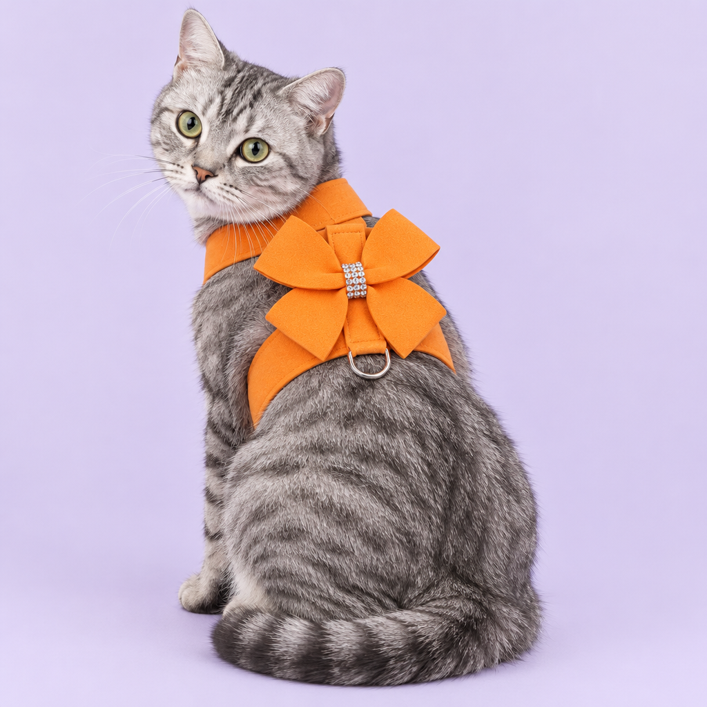 Silver tabby wearing orange bow harness