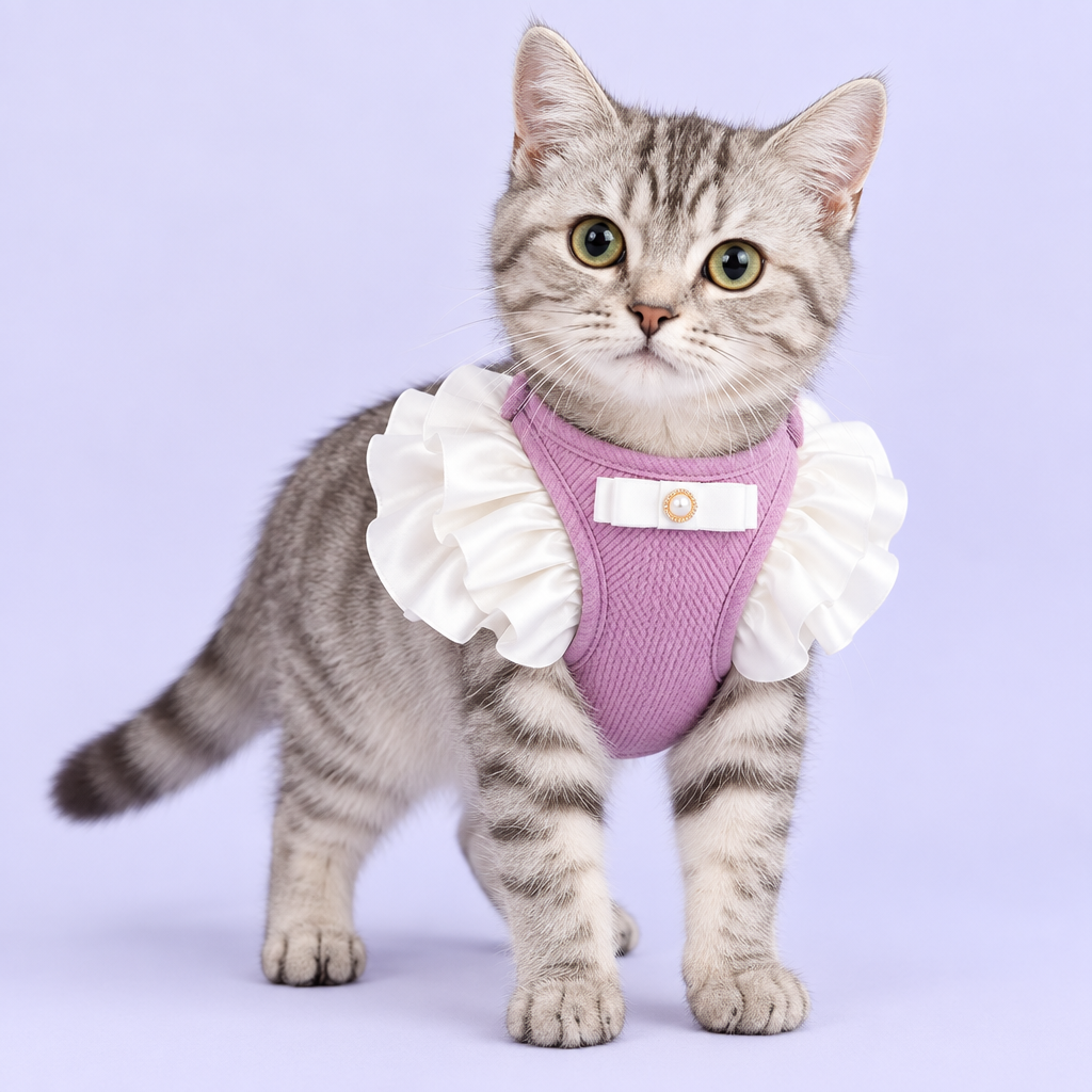 Silver tabby wearing purple ruffled harness