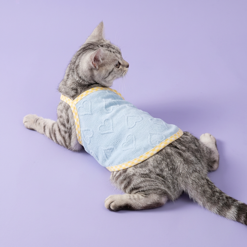 Silver tabby wearing the blue heart top with yellow gingham trim