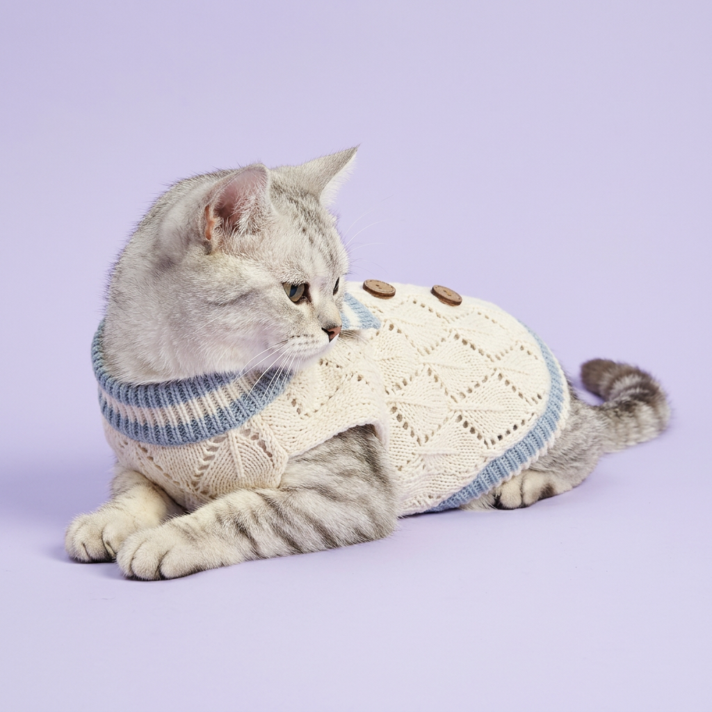Silver tabby wearing the blue-trim sweater on lavender