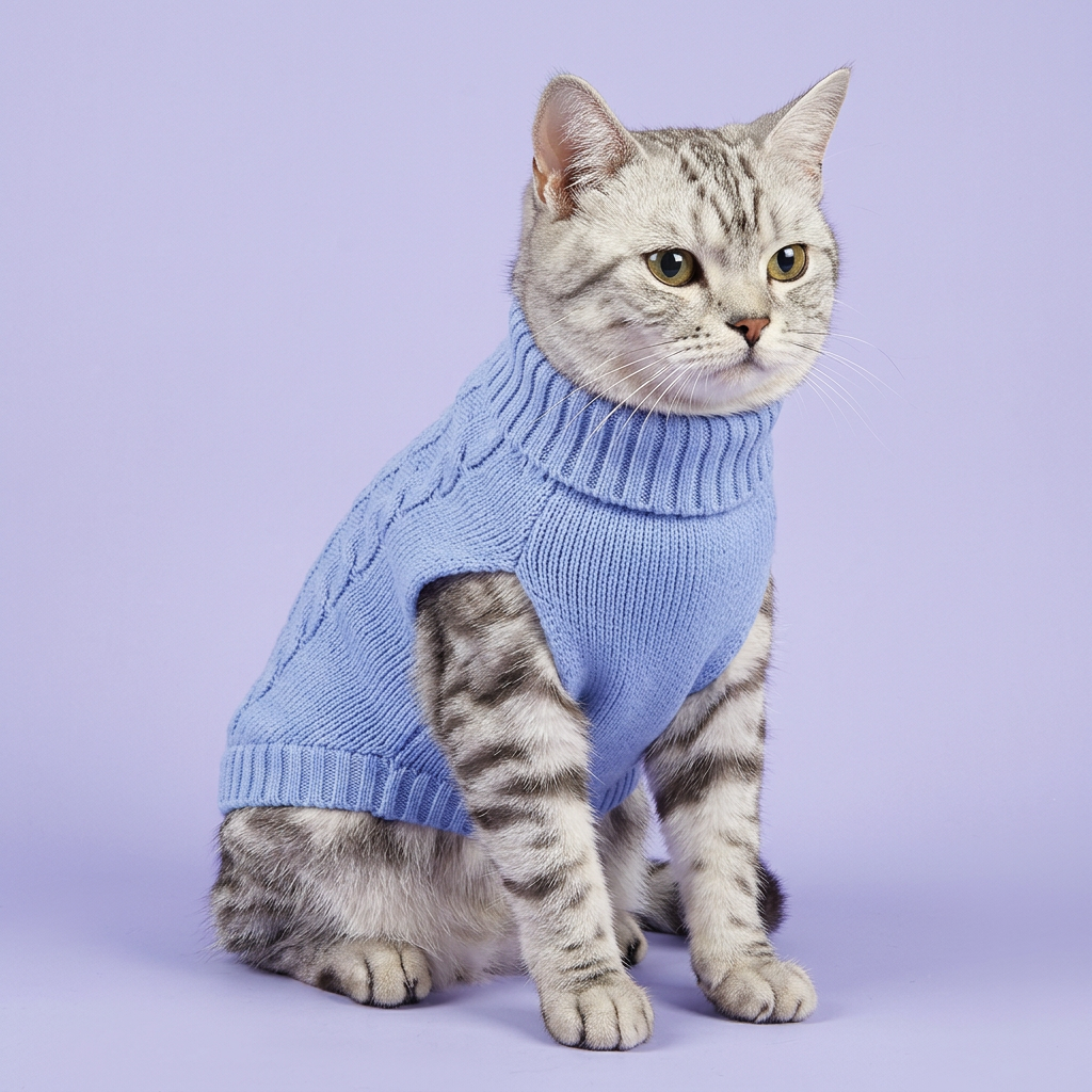 Silver tabby wearing the blue turtleneck sweater on lavender
