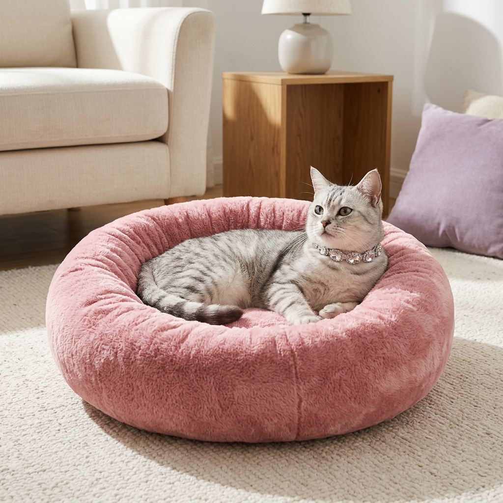 Silver tabby wearing the clear crystal collar on the pink bed in a living room