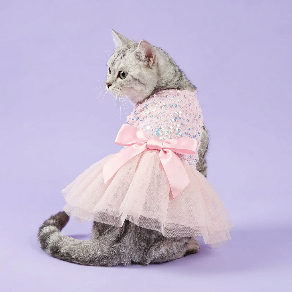 Silver tabby wearing the dress with a lighter pink skirt