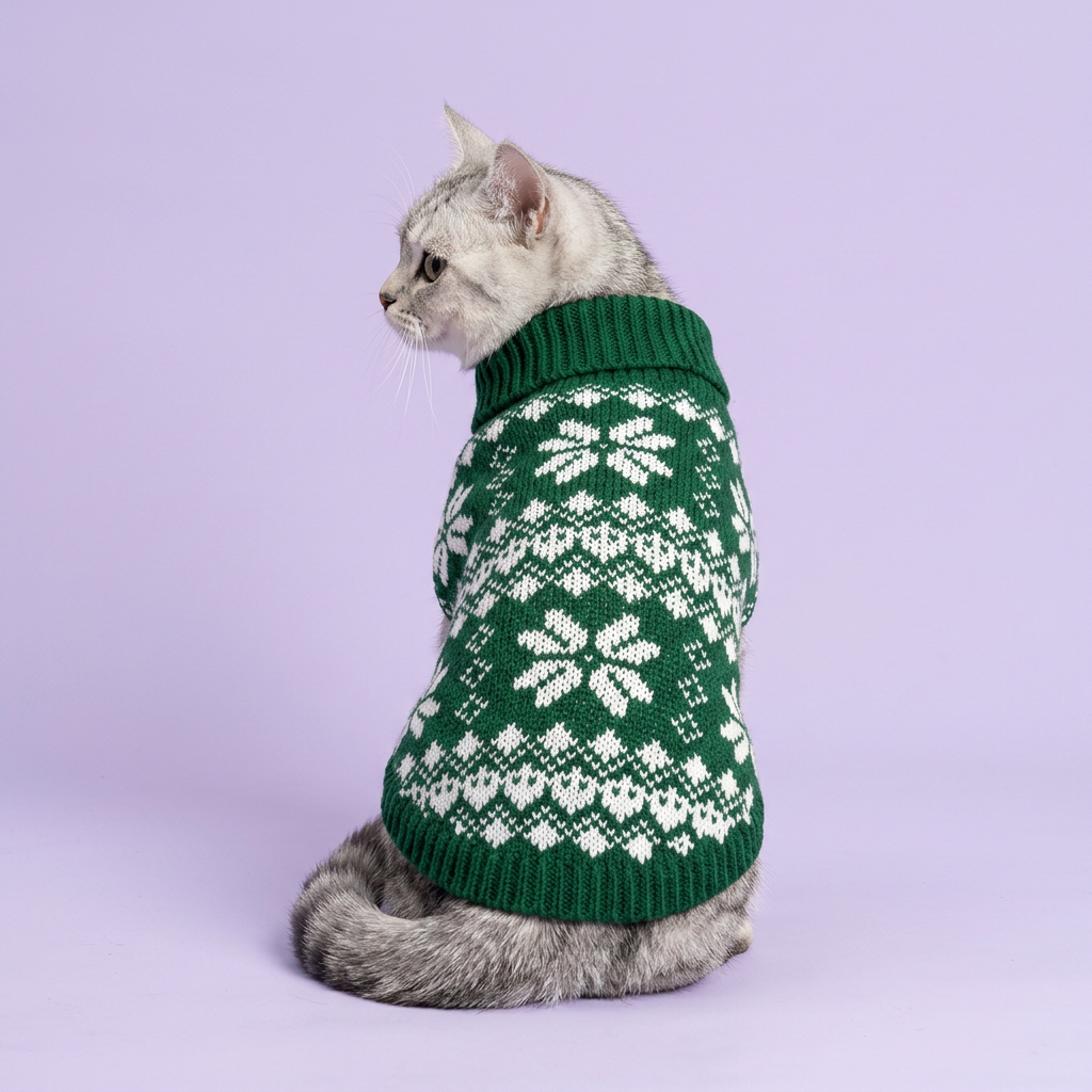 Silver tabby wearing the green snowflake sweater