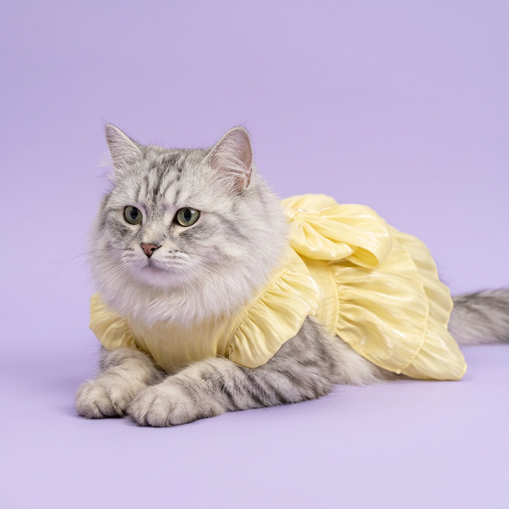 Silver tabby wearing the lemon-yellow dress
