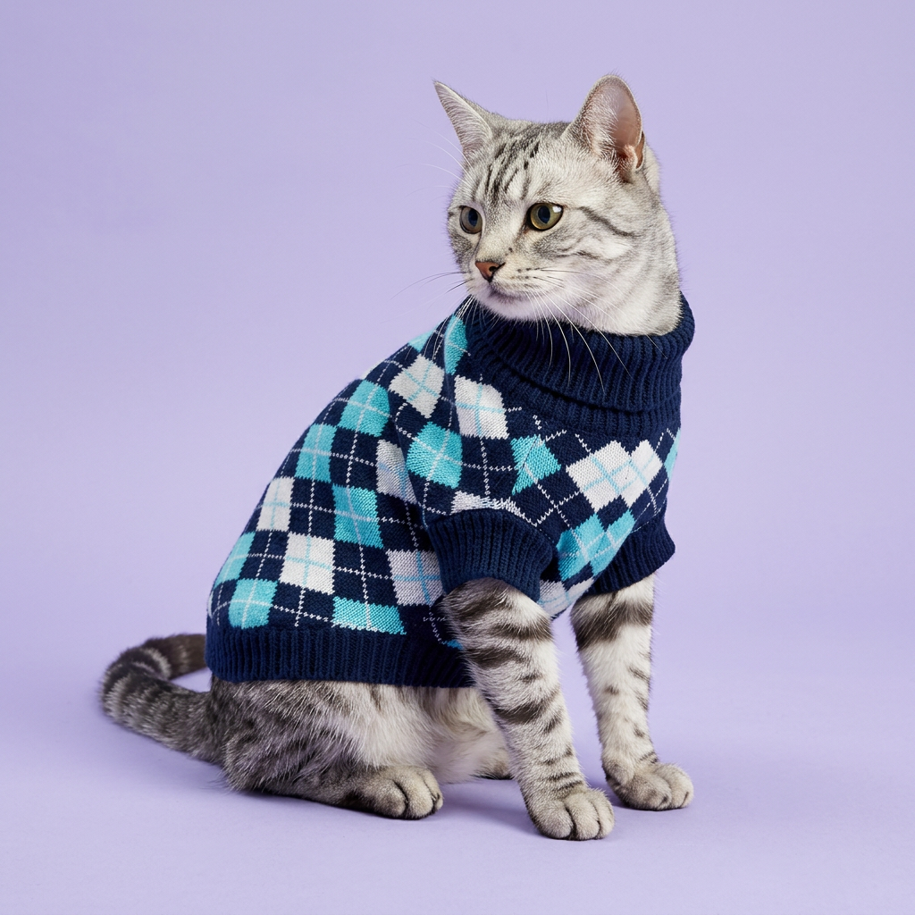 Silver tabby wearing the navy argyle sweater on lavender