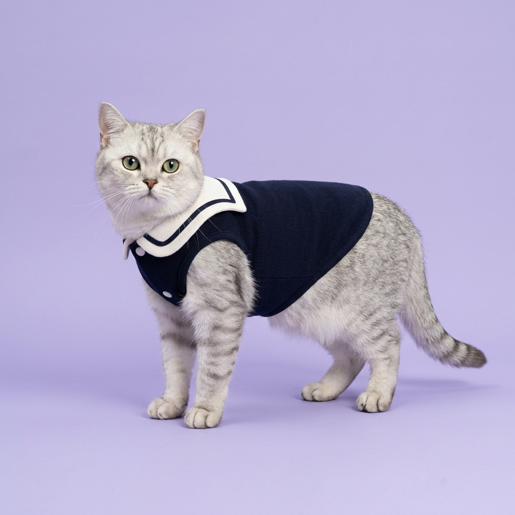 Silver tabby wearing the navy sailor shirt
