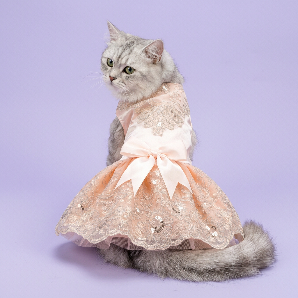 Silver tabby wearing the pink embroidered dress