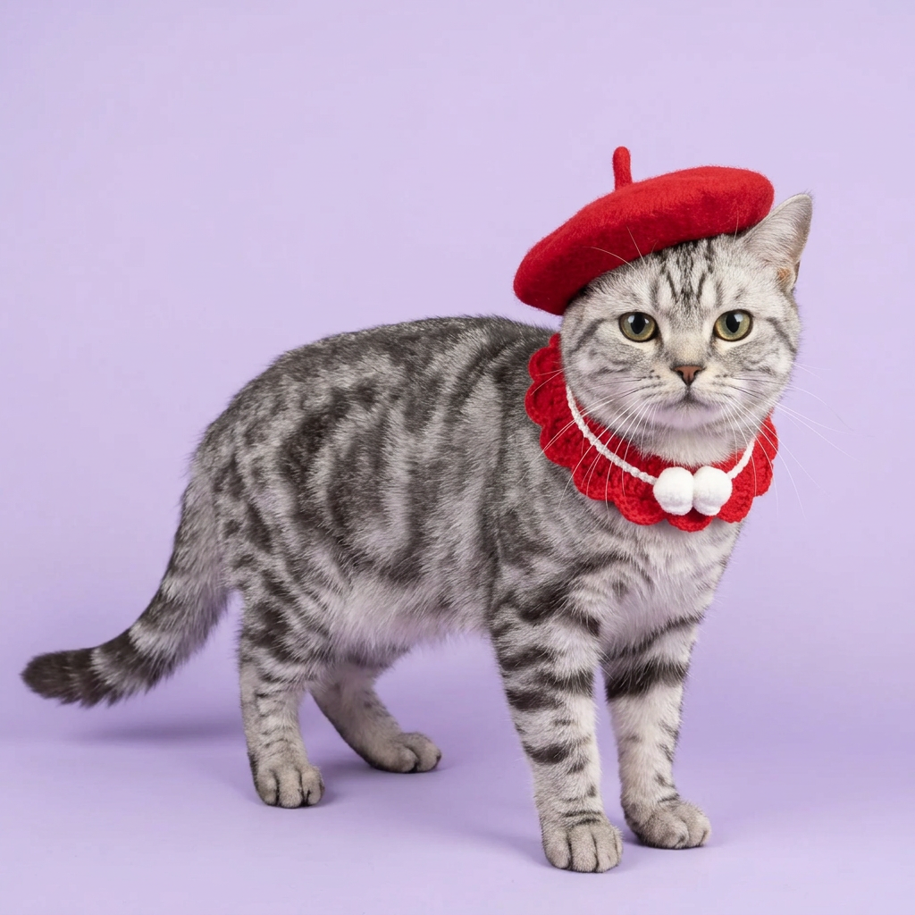 Silver tabby wearing the red beret and collar