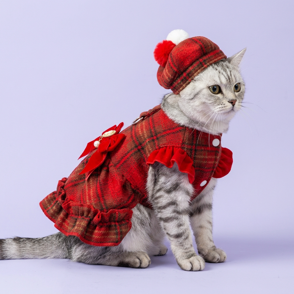 Silver tabby wearing the red tartan dress and matching hat