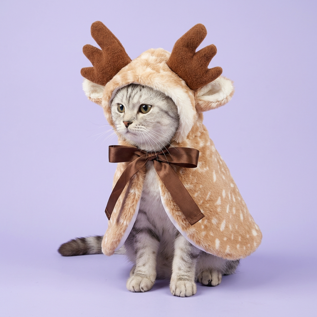 Silver tabby wearing the reindeer cape