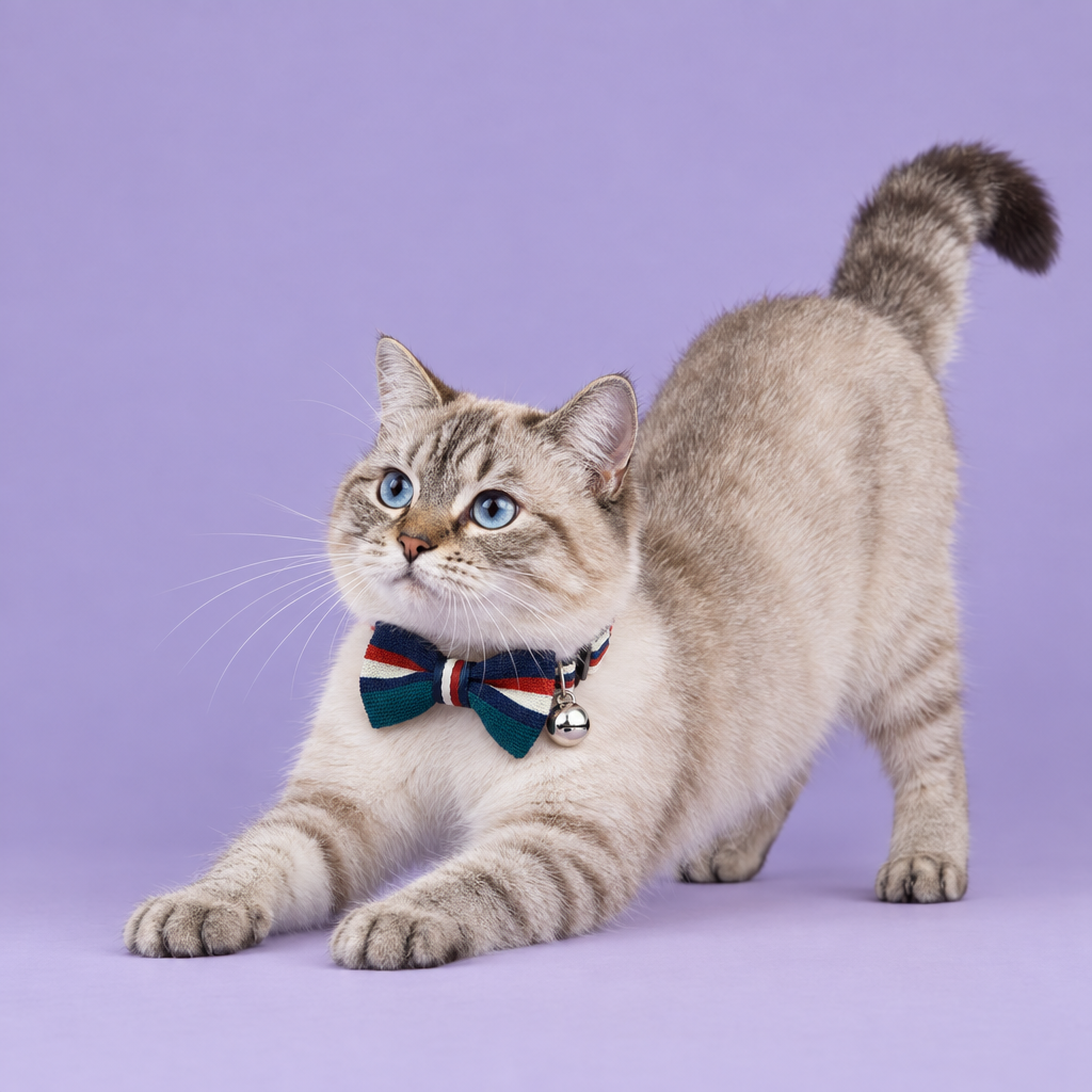 Silver tabby wearing the teal and navy bow-tie collar